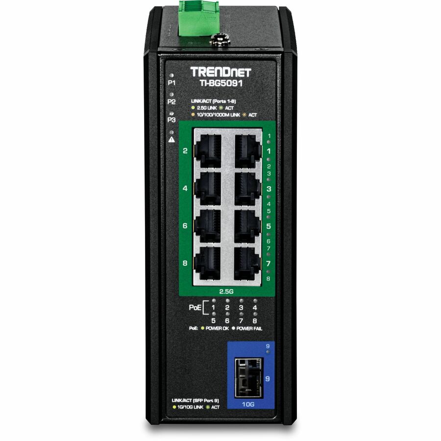 TRENDnet 9-Port Industrial 2.5G DIN-Rail PoE++ Switch with 10G SFP+ Port, TI-BG5091, Multi-Gigabit, 8 x 2.G PoE++ Ports, 1 x 10G SFP+ Port, 480W PoE Power Budget, 60Gbps, Lifetime Protection, Black
