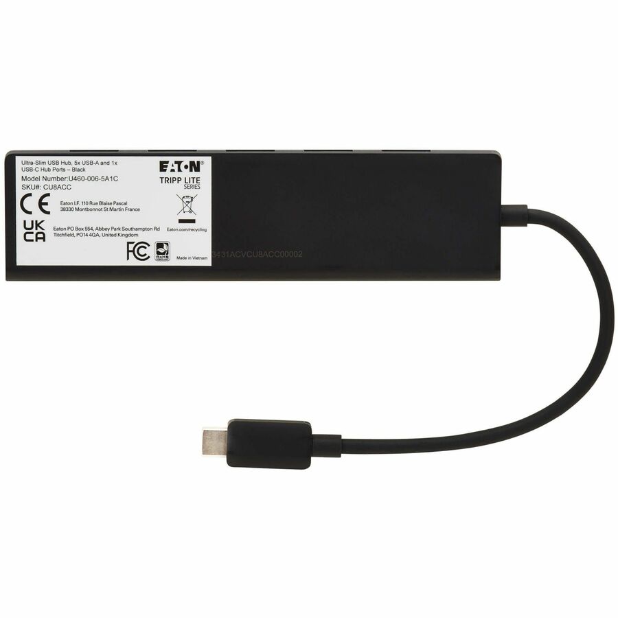 Eaton Tripp Lite Series 6-Port Slim USB Hub, USB 3.2 Gen 2 (10 Gbps) and USB-A 2.0 Hub Ports, USB-C Connector with USB-A Adapter, Black