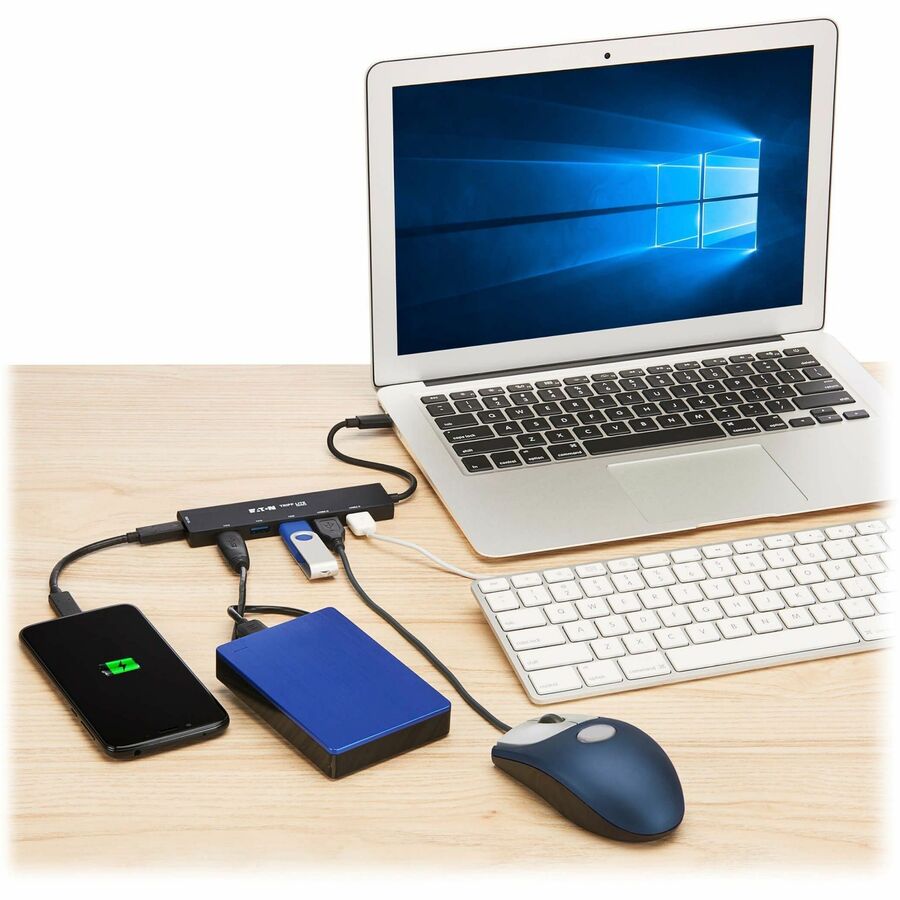 Eaton Tripp Lite Series 6-Port Slim USB Hub, USB 3.2 Gen 2 (10 Gbps) and USB-A 2.0 Hub Ports, USB-C Connector with USB-A Adapter, Black