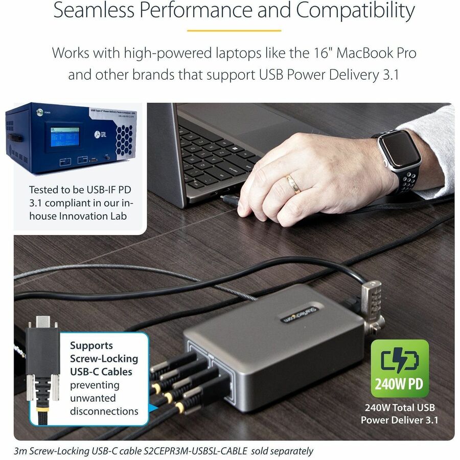 StarTech.com 4-Port Multi-Device USB-C Charger, 240W Total, Single Port 140W EPR, Screw Locking Ports, Ideal for Boardrooms