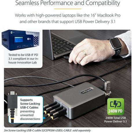 StarTech.com 4-Port Multi-Device USB-C Charger, 240W Total, Single Port 140W EPR, Screw Locking Ports, Ideal for Boardrooms