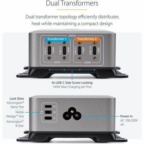 StarTech.com 4-Port Multi-Device USB-C Charger, 240W Total, Single Port 140W EPR, Screw Locking Ports, Ideal for Boardrooms