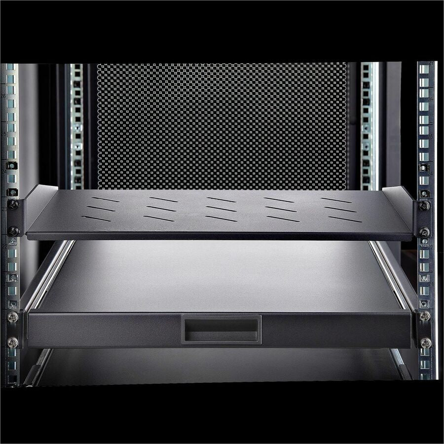 StarTech.com 1U Vented Server Rack Shelf, 12in (31.5cm) Mounting Depth, Cantilever Tray, 25lb (11.3kg) Capacity, Includes Cage Nuts/Screws