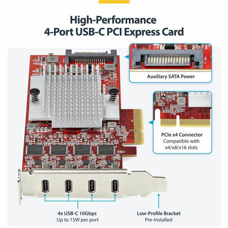 StarTech.com 4-Port USB Type-C PCIe Card, USB 3.2 10Gbps, USB-C PCI Express Expansion Card, 4x Independent USB Controllers, TAA-Compliant