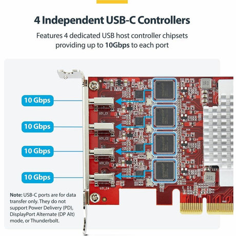 StarTech.com 4-Port USB Type-C PCIe Card, USB 3.2 10Gbps, USB-C PCI Express Expansion Card, 4x Independent USB Controllers, TAA-Compliant