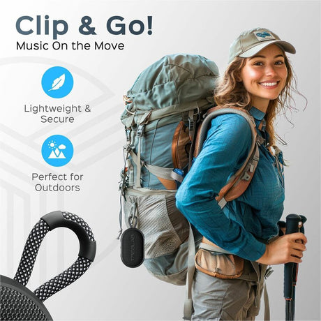 TREBLAB HD-Go - Ultra Portable Hand Held Speaker with Clip, 7W Power with Bass, 16H Playtime, IPX7 Waterproof, Built-in Mic