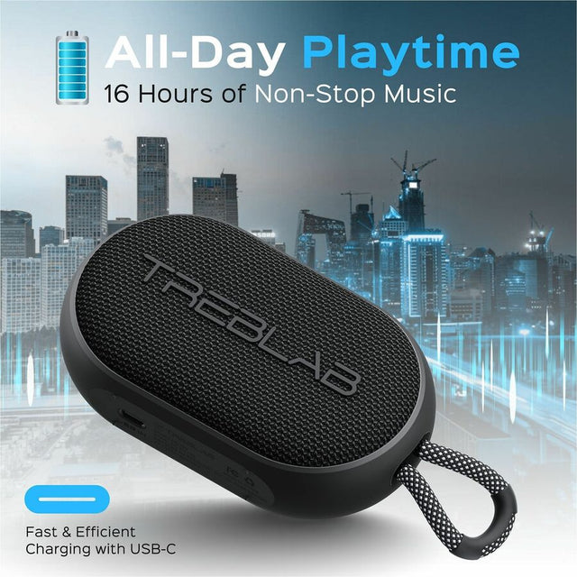 TREBLAB HD-Go - Ultra Portable Hand Held Speaker with Clip, 7W Power with Bass, 16H Playtime, IPX7 Waterproof, Built-in Mic