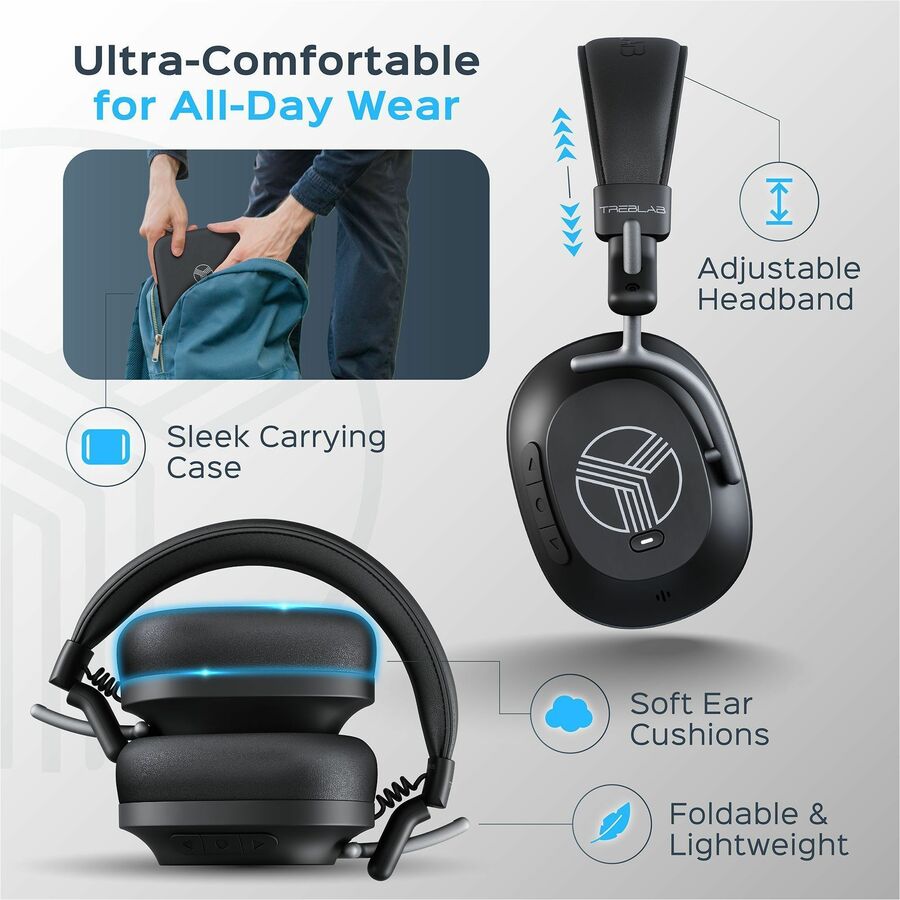 TREBLAB U5 - Hybrid Active Noise Cancelling Headphones Over-Ear Bluetooth 5.3, 55H Battery, Deep Bass, Multipoint, IPX4, Foldable, Mic for Calls