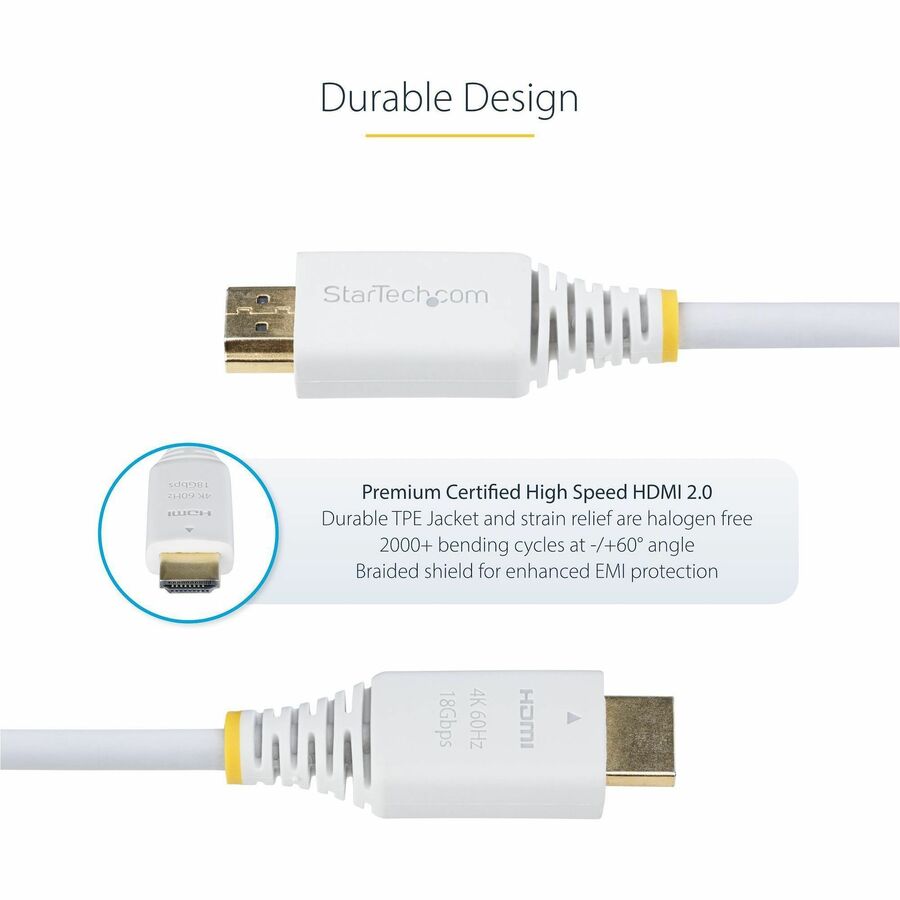 StarTech.com 6ft (1.8m) Premium Certified High Speed HDMI Cable, 4K 60Hz/1440p 144Hz, 18Gbps, UHD HDMI 2.0 Cord, TPE Jacket, White