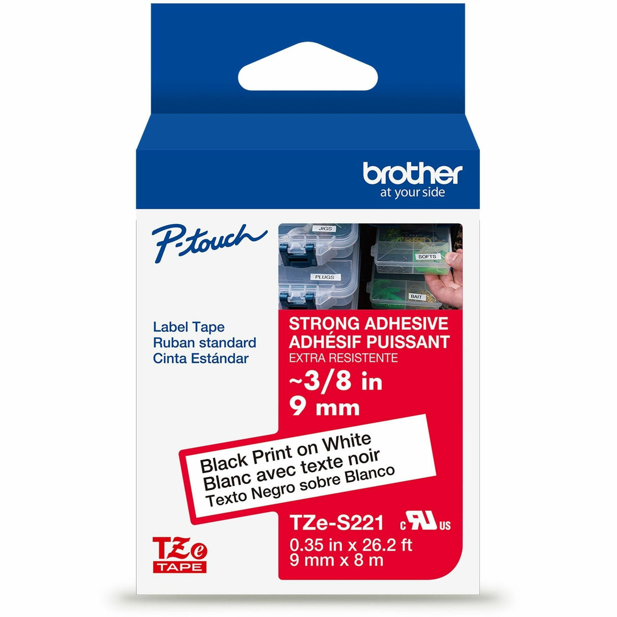 Brother Genuine P-touch TZeS221 BK on WHT Label Tape, Strong Adhesive Lam., 9mmX8m