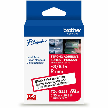 Brother Genuine P-touch TZeS221 BK on WHT Label Tape, Strong Adhesive Lam., 9mmX8m