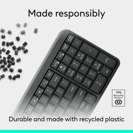 Logitech K250 Bluetooth Keyboard with Numpad, Easy Connectivity, Compact Wireless Keyboard made with Recycled Plastic, Spill-Resistant, comfortable Keys (Graphite)