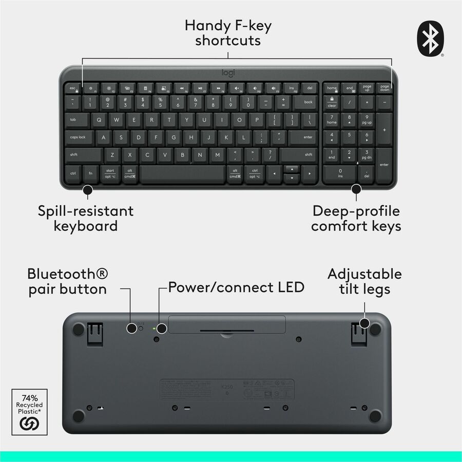 Logitech K250 Bluetooth Keyboard with Numpad, Easy Connectivity, Compact Wireless Keyboard made with Recycled Plastic, Spill-Resistant, comfortable Keys (Graphite)