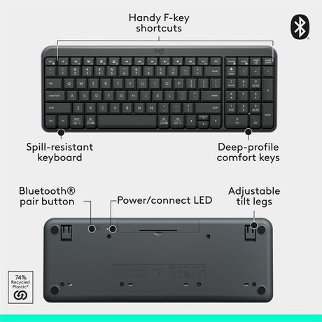 Logitech K250 Bluetooth Keyboard with Numpad, Easy Connectivity, Compact Wireless Keyboard made with Recycled Plastic, Spill-Resistant, comfortable Keys (Graphite)