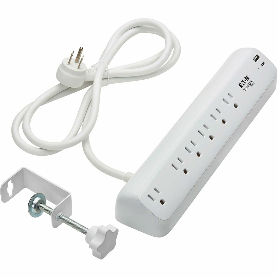 Eaton Tripp Lite Series Protect It! 6-Outlet Surge Protector with USB-A and USB-C Charging Ports - 5-15R Outlets, 900 Joules, Desk Clamp, 6 ft. (1.8 m) Cord, White
