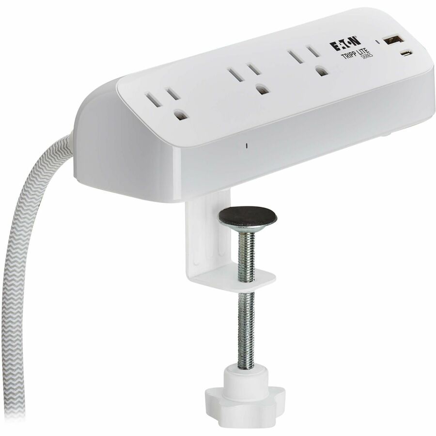 Eaton Tripp Lite Series Protect It! 3-Outlet Surge Protector with USB-A and USB-C Ports - 5-15R Outlets, 900 Joules, 20W PD Charging, Desk Clamp, 8 ft. (2.4 m) Braided Cord, White