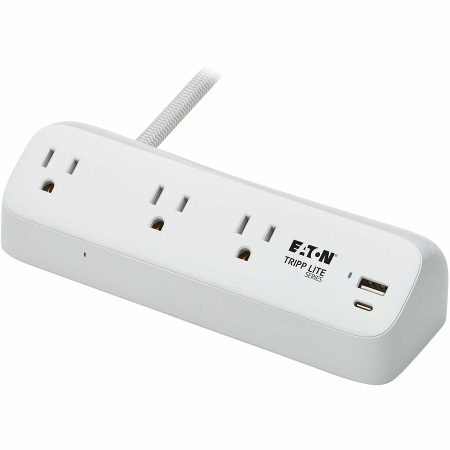 Eaton Tripp Lite Series Protect It! 3-Outlet Surge Protector with USB-A and USB-C Ports - 5-15R Outlets, 900 Joules, 20W PD Charging, Desk Clamp, 8 ft. (2.4 m) Braided Cord, White