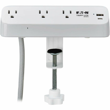 Eaton Tripp Lite Series Protect It! 3-Outlet Surge Protector with USB-A and USB-C Ports - 5-15R Outlets, 900 Joules, 20W PD Charging, Desk Clamp, 8 ft. (2.4 m) Braided Cord, White