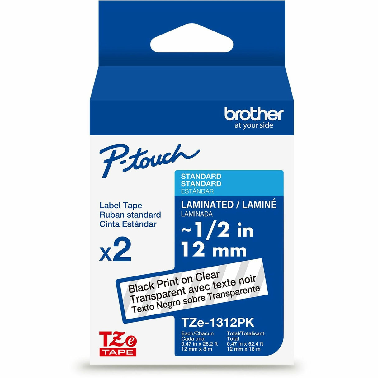 Brother Genuine P-touch TZe1312PK BK on CLR Label Tapes, Laminated, 12mmX8m each