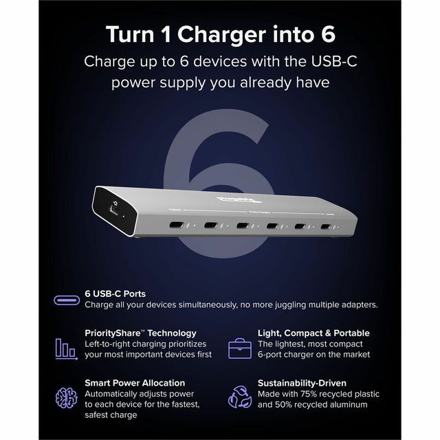 Plugable 6 Port USB C Charging Station, Up to 100W Charger for Multiple Devices with Priority Charging
