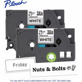 Brother Genuine P-touch TZe2412PK BK on WHT Label Tapes, Laminated, 18mmX8m each