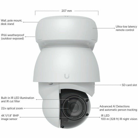 Ubiquiti UVC-AI-PTZ 8 Megapixel Outdoor 4K Network Camera - Color - White