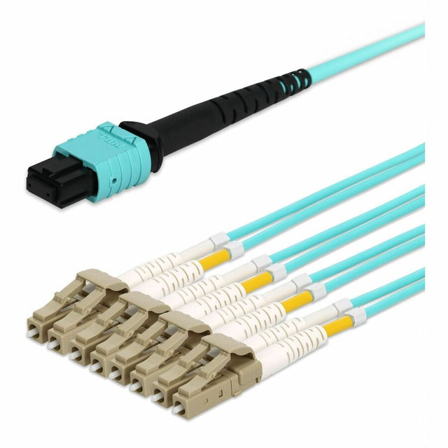 AddOn 4m MPO/UPC to 4xLC/UPC Duplex Aqua OM4 OFNR (Riser-Rated) 8-Strand Fiber Fanout Cable With 2m Breakout Legs