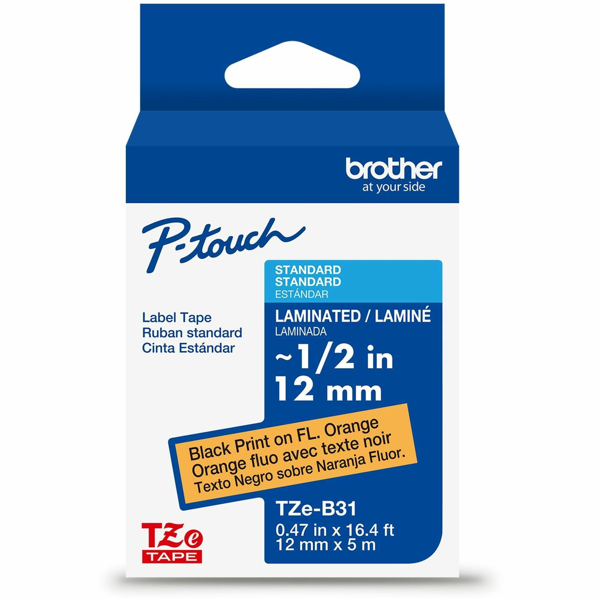 Brother Genuine P-touch TZeB31 BK on FLUOR ORG Label Tape, Laminated, 12mmX5m