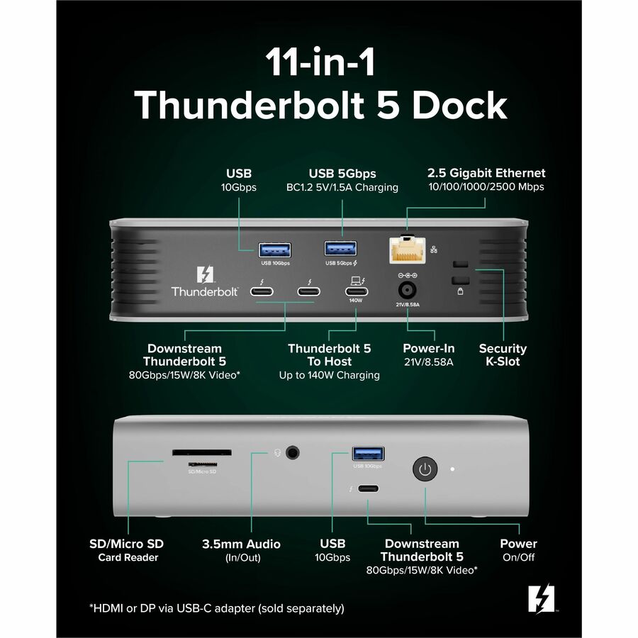 Plugable Thunderbolt 5 Dock - 140W Power Delivery, Up to Dual 6K@60Hz for Mac, Up to Dual 8K for Windows