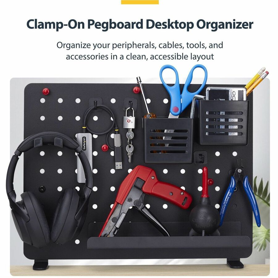 StarTech.com Clamp-On Pegboard with Accessories, 16.5x12.5in, Steel Peg Board, Desktop Storage Organizer, Black