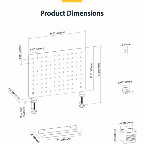 StarTech.com Clamp-On Pegboard with Accessories, 16.5x12.5in, Steel Peg Board, Desktop Storage Organizer, Black