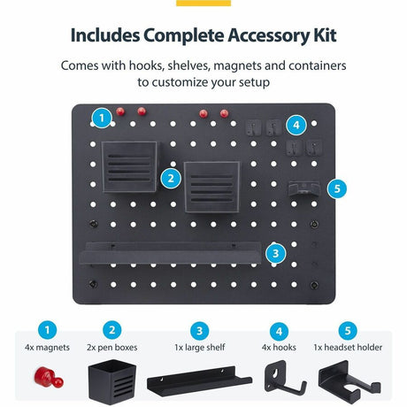 StarTech.com Clamp-On Pegboard with Accessories, 16.5x12.5in, Steel Peg Board, Desktop Storage Organizer, Black