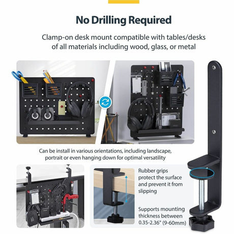 StarTech.com Clamp-On Pegboard with Accessories, 16.5x12.5in, Steel Peg Board, Desktop Storage Organizer, Black