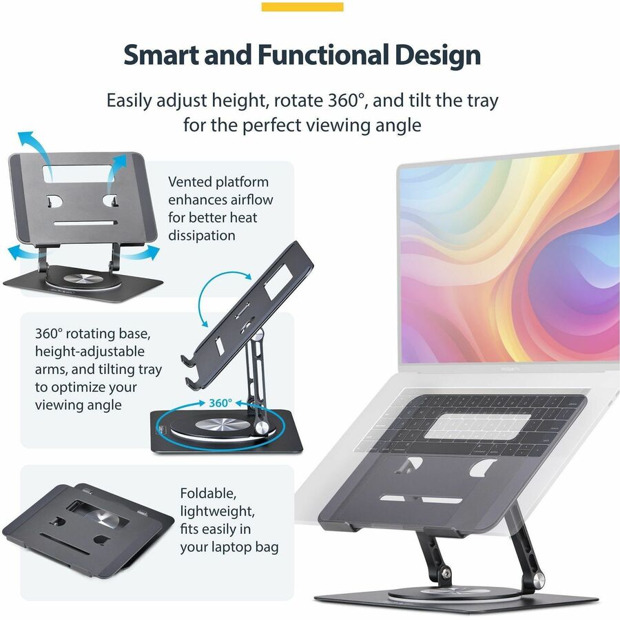 StarTech.com Rotating Laptop Stand, 360 Swivel, Ergonomic Desk Riser for Computer, Adjustable Height/Tilt, Max 11lb, Aluminum, Portable