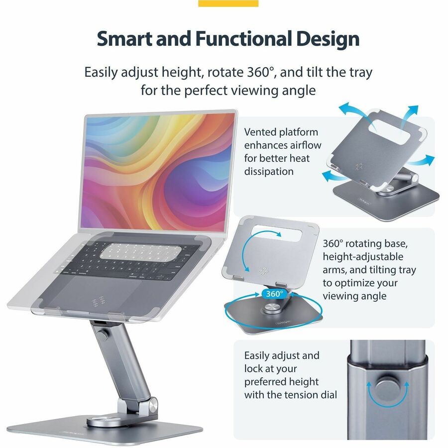 StarTech.com Telescopic Laptop Stand, 360 Swivel Base, Rotating Computer Riser for Desk, Adjustable Height/Tilt, Max 11lb/5kg, Aluminum