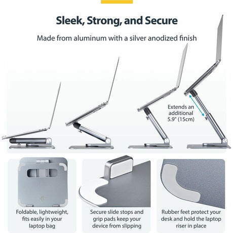 StarTech.com Telescopic Laptop Stand, 360 Swivel Base, Rotating Computer Riser for Desk, Adjustable Height/Tilt, Max 11lb/5kg, Aluminum