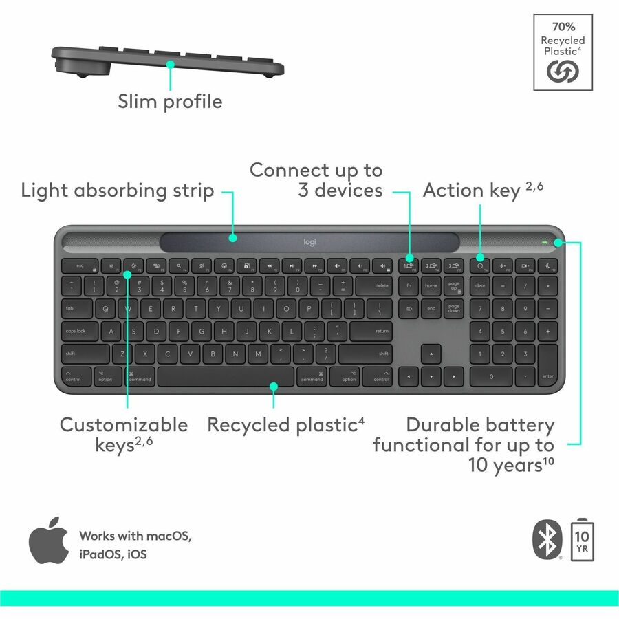 Logitech Signature Slim Solar+ keyboard for Mac, solar and artificial light powered, durable battery that lasts up to 10 years, customizable keys, Bluetooth, Graphite