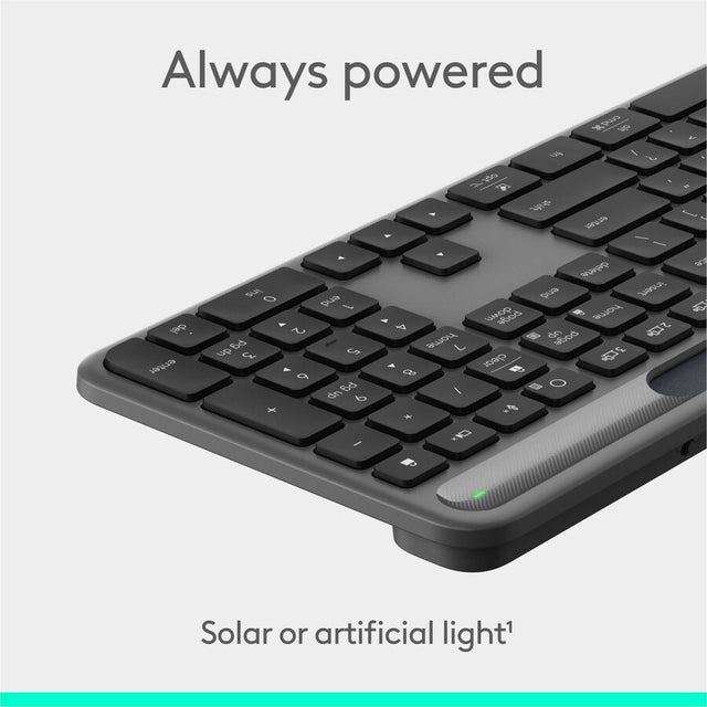 Logitech Signature Slim Solar+ wireless keyboard, solar and artificial light powered, durable battery that lasts up to 10 years, customizable keys, Bluetooth, Graphite