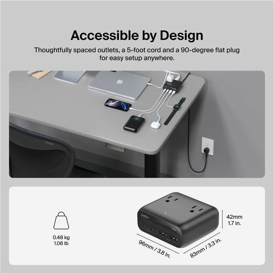 Belkin 3-Outlet Charging Station with 2 USB-A and 2 USB-C Ports 70W