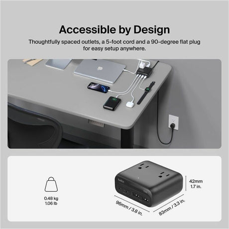 Belkin 3-Outlet Charging Station with 2 USB-A and 2 USB-C Ports 70W