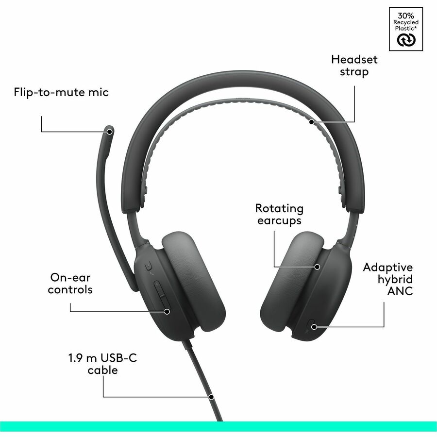 Logitech Zone Wired 2 for Business - Noise-Canceling Headset with Adaptive Hybrid ANC, Zoom & Google Certified, USB-C with USB-A adapter - Graphite
