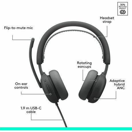 Logitech Zone Wired 2 for Business - Noise-Canceling Headset with Adaptive Hybrid ANC, Zoom & Google Certified, USB-C with USB-A adapter - Graphite