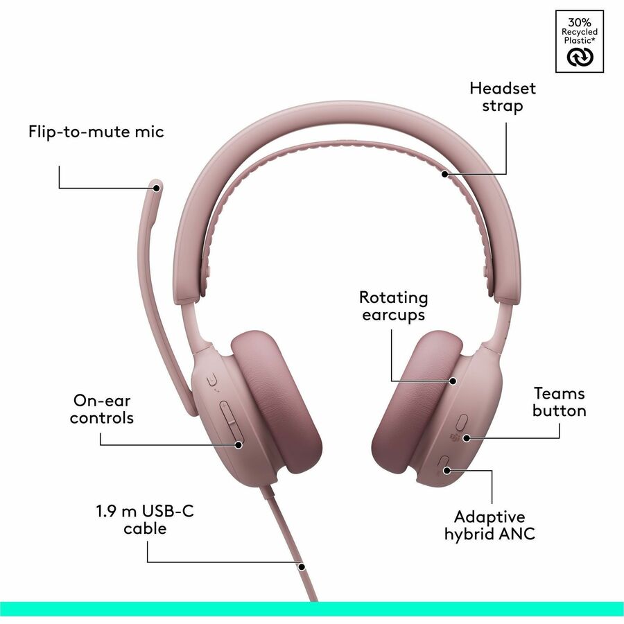 Logitech Zone Wired 2 for Business - Noise-Canceling Headset with Adaptive Hybrid ANC, Microsoft Teams Certified, USB-C with USB-A adapter, Rose