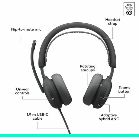 Logitech Zone Wired 2 for Business - Noise-Canceling Headset with Adaptive Hybrid ANC, Microsoft Teams Certified, USB-C with USB-A adapter, Graphite