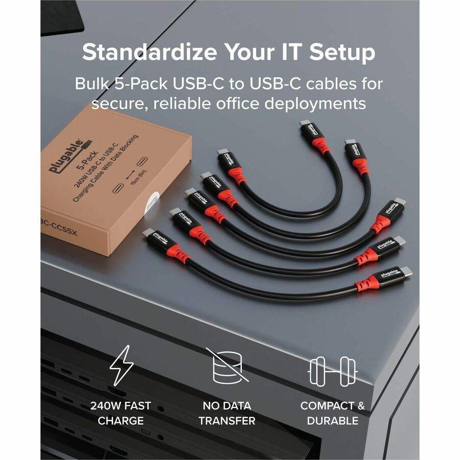 Plugable USB C to USB C Cable, Data Blocker Charge Only Cable 6in (Pack of 5): 240W Safe Charging