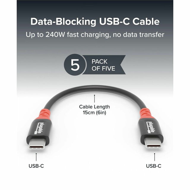 Plugable USB C to USB C Cable, Data Blocker Charge Only Cable 6in (Pack of 5): 240W Safe Charging