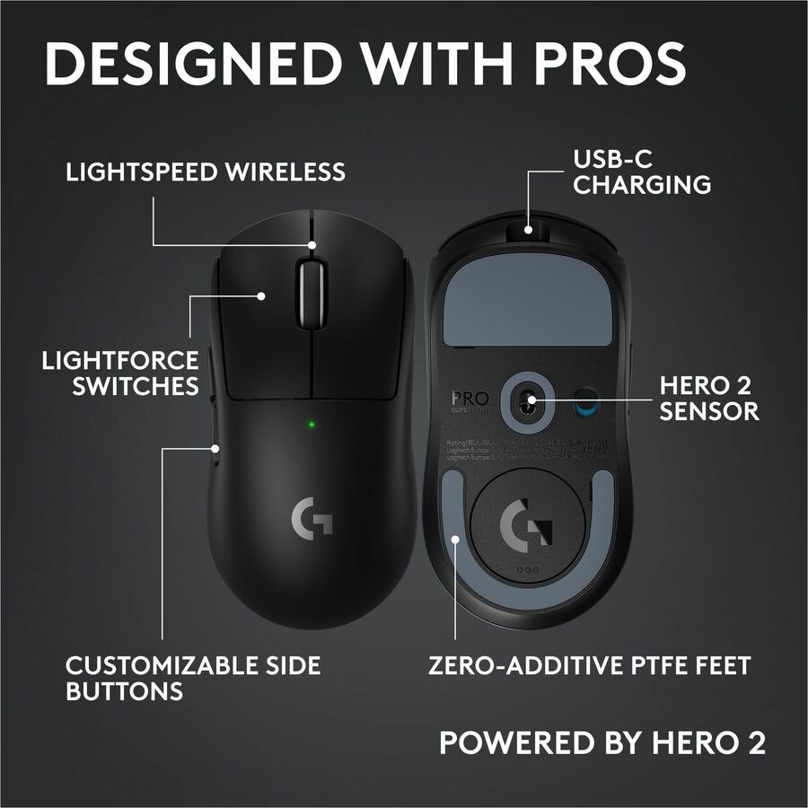 Logitech G PRO X SUPERLIGHT 2c wireless gaming mouse, 51 g pro-grade compact mouse with 5 programmable buttons, USB-C charging, 44K DPI sensor, up to 8 kHz polling for PC/Mac, Black