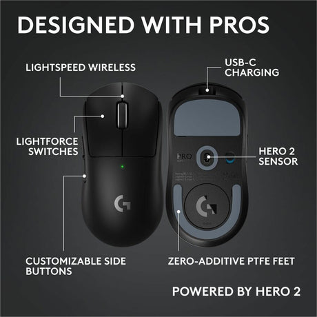 Logitech G PRO X SUPERLIGHT 2c wireless gaming mouse, 51 g pro-grade compact mouse with 5 programmable buttons, USB-C charging, 44K DPI sensor, up to 8 kHz polling for PC/Mac, Black