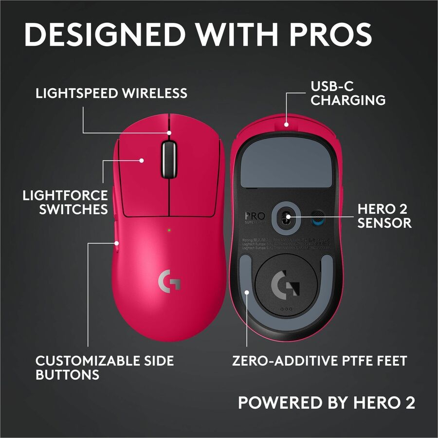 Logitech G PRO X SUPERLIGHT 2c wireless gaming mouse, 51 g pro-grade compact mouse with 5 programmable buttons, USB-C charging, 44K DPI sensor, up to 8 kHz polling for PC/Mac, Pink