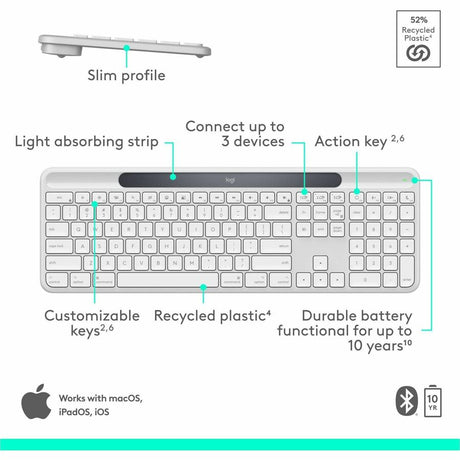 Logitech Signature Slim Solar+ keyboard for Mac, solar and artificial light powered, durable battery that lasts up to 10 years, customizable keys, Bluetooth, White